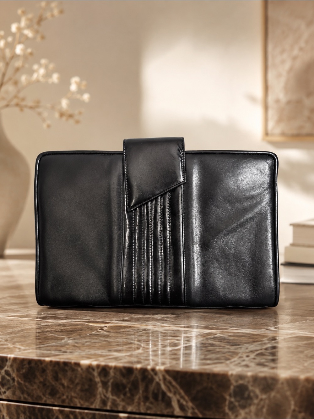 Black Leather Clutch Purse Vintage 1980s Marshall Field’s